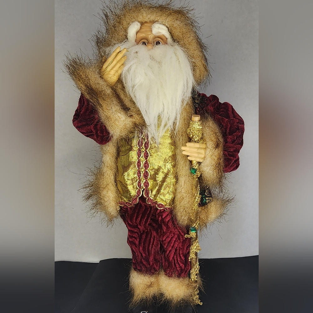 Old World Santa Claus Figurine in Red Velvet & Gold Coat – Faux Fur Trim
